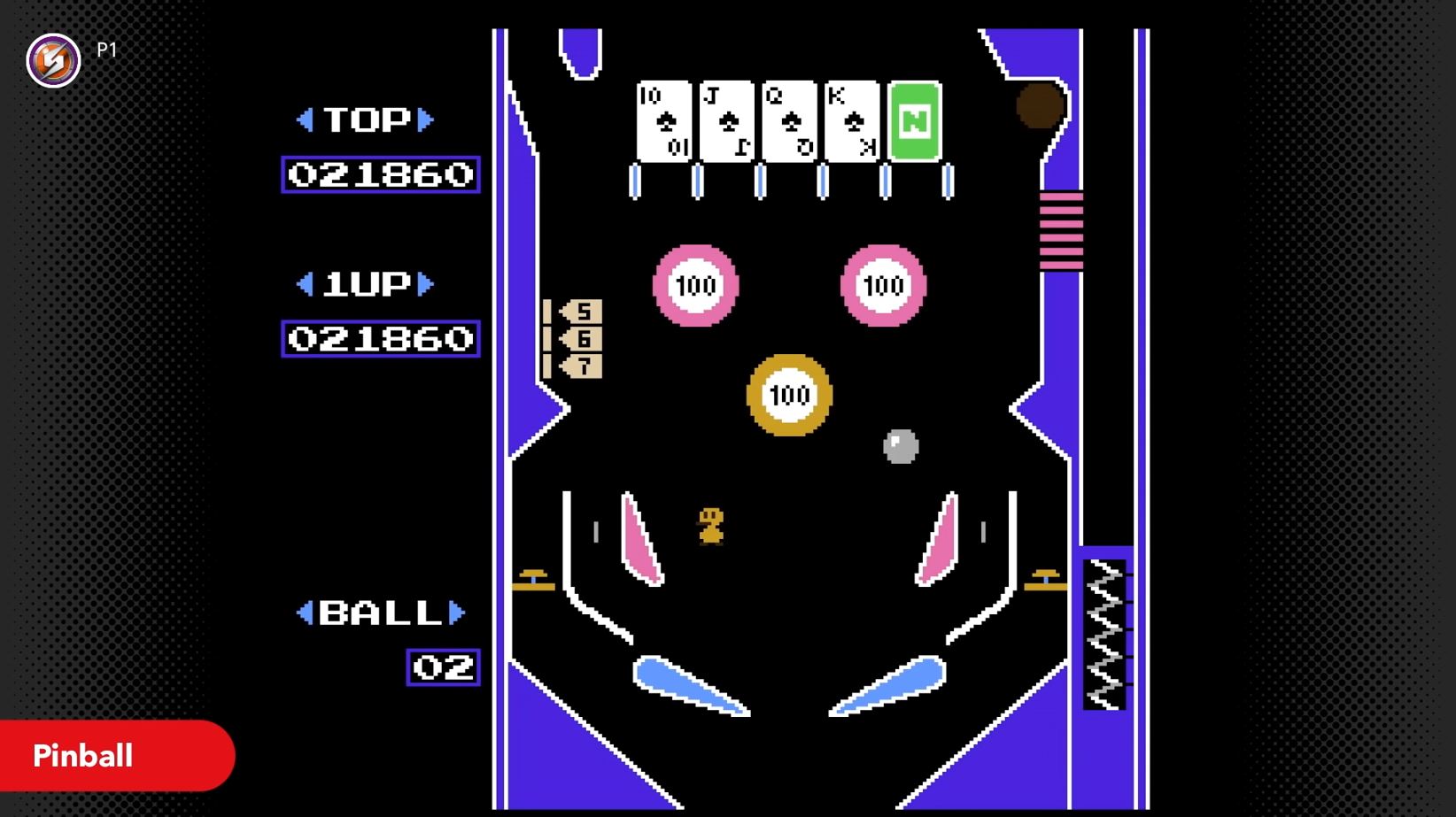 A ball is hit by a paddle in Pinball for NES on Nintendo Switch Online.